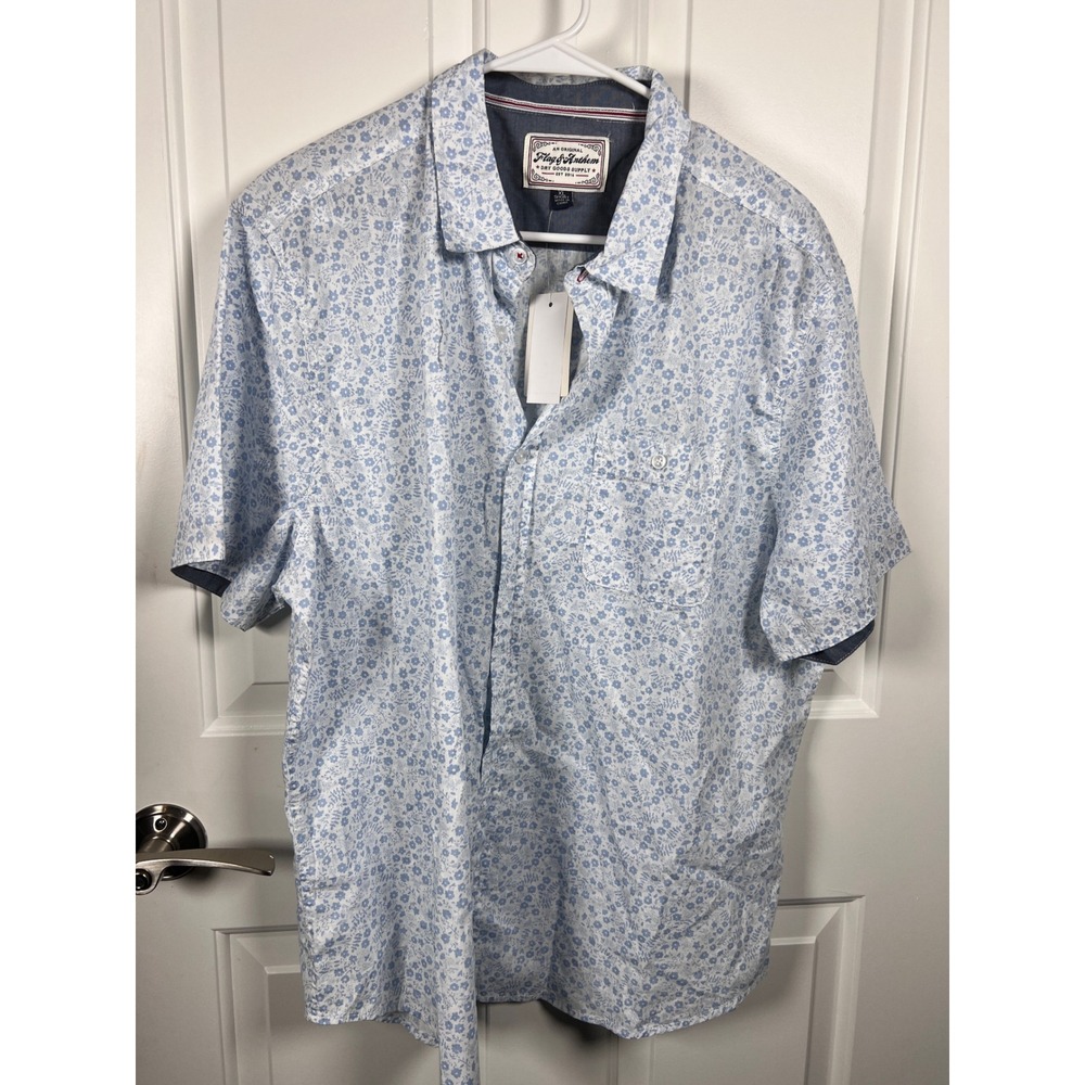 Flag & Anthem Mens XL Short Sleeve Button Down Shirt Blue White Floral Print NWT
